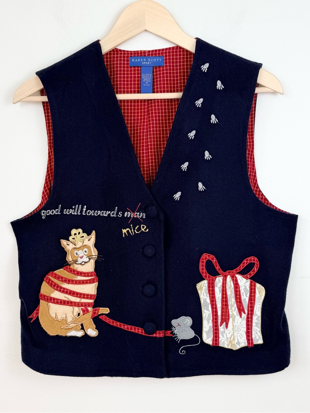 Vintage Karen Scott Funny Novelty Navy Cat & Mouse Christmas Vest Size Medium